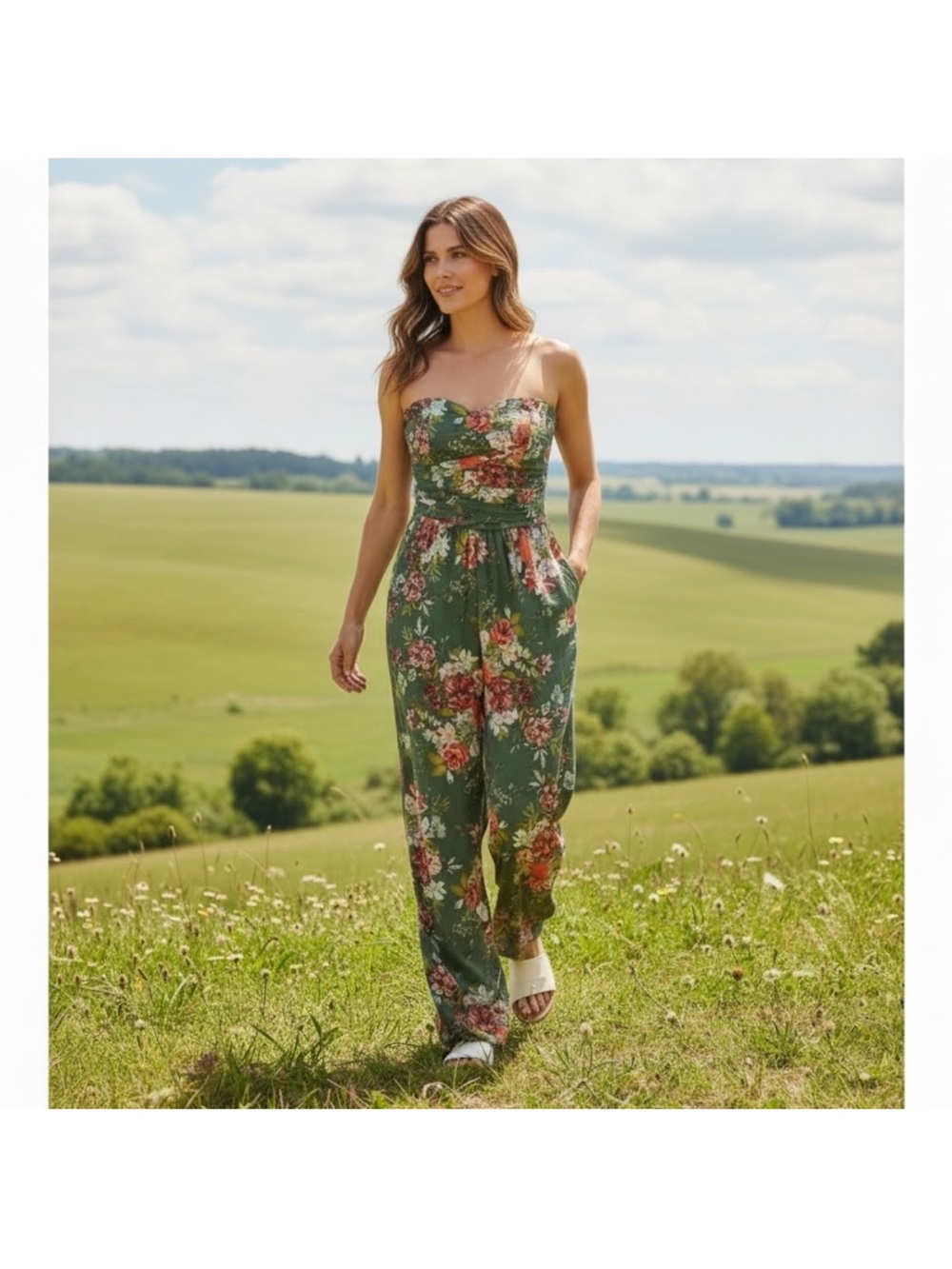 Band of Gypsies Strapless Floral Jumpsuit in Green and Pink